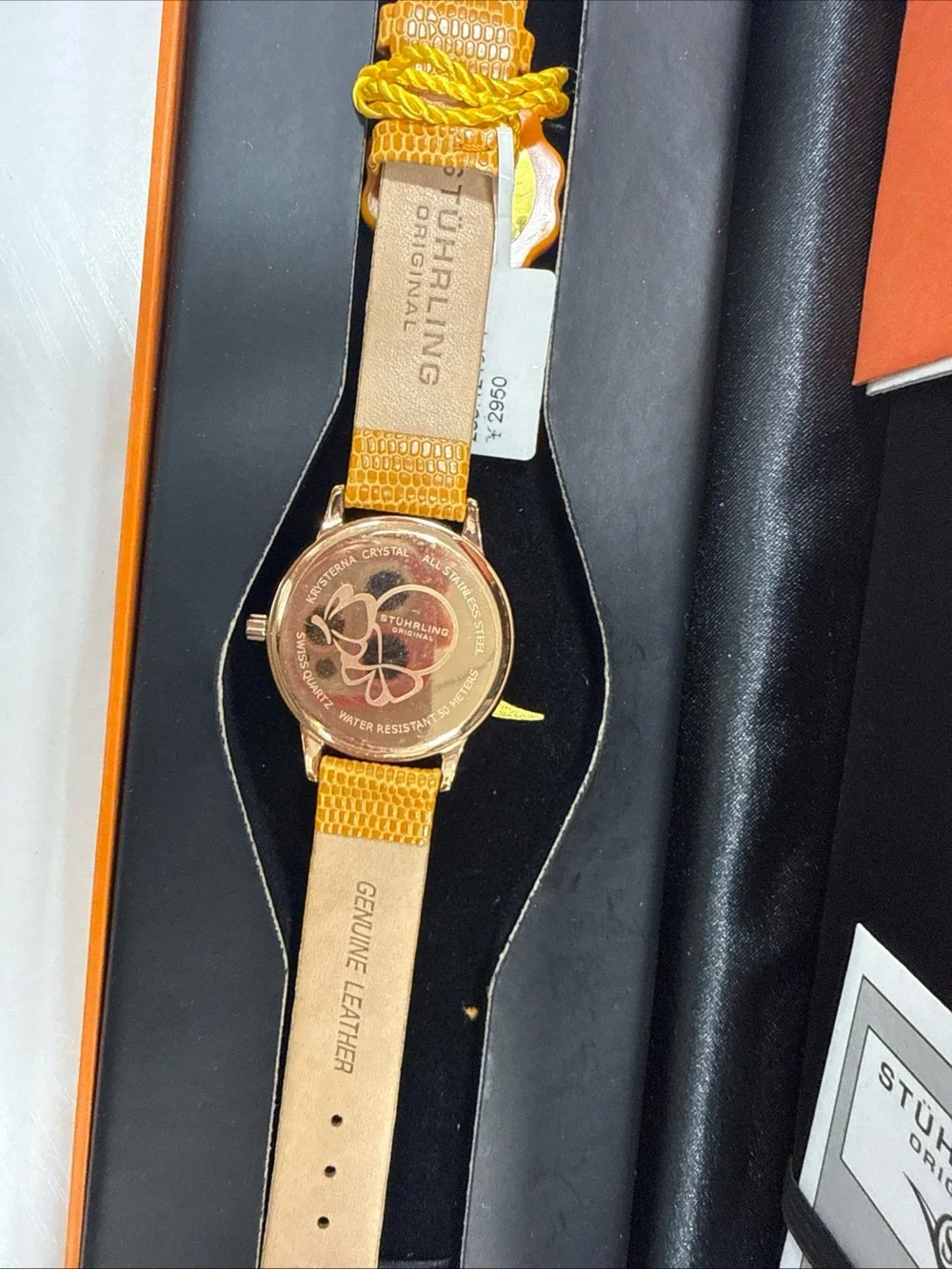 Stuhrling Original Women's Black Butterfly Dial Watch with Mustard Leather Strap